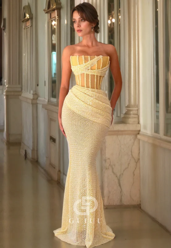 G2919 -  Chic & Modern Strapless Bead Embroidery Pleats Long Prom Formal Dress