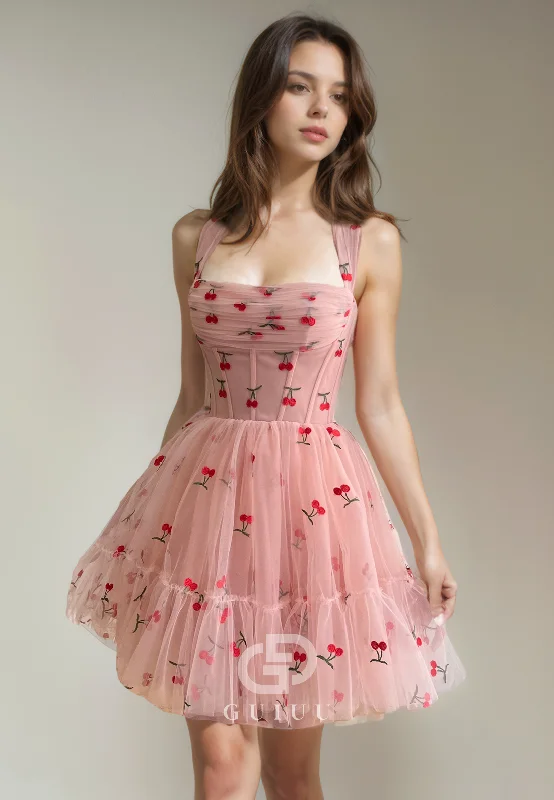 A-Line Square Neck Straps Sleeveless Pleated Tulle Lace Up Homecoming Dress