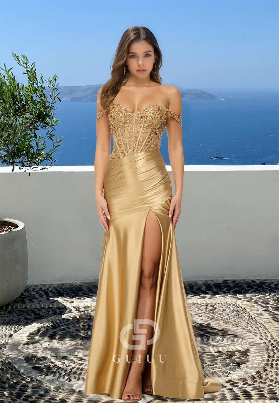 Champagne Sweetheart Sleeves Prom Dress with Sequins Corset Ruched Evening Party Dress