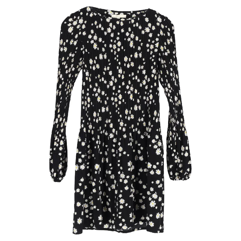 Maje Rockiz Pleated Daisy-Print Crepe Mini Dress in Black Polyester