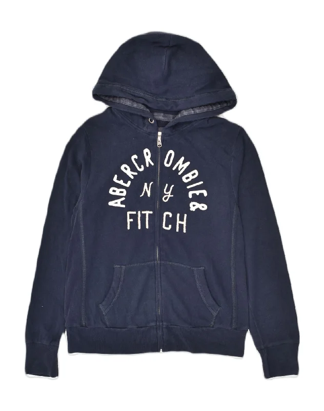 ABERCROMBIE & FITCH Womens Graphic Zip Hoodie Sweater UK 14 Medium Navy Blue