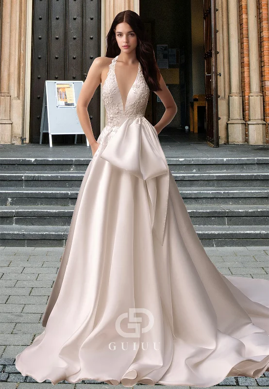 A-Line V-Neck Sleeveless Appliques Pleated Sleek Backless Satin Wedding Dress