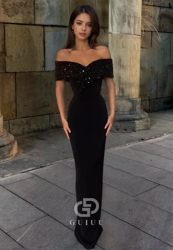 G2850 - Elegant Sheath Sequins Off-Shoulder Long Balck Prom Evening Dress