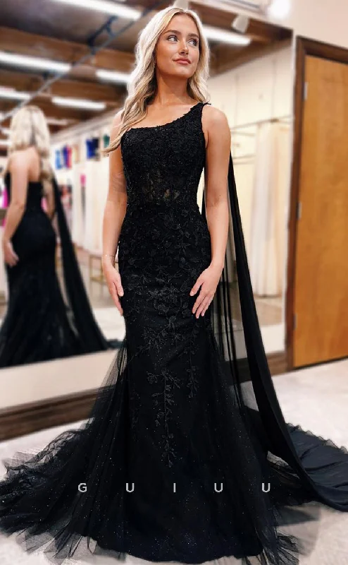 G4015 -  Mermaid One Shoulder Sleeveless Black Tulle Prom Formal Gown with Court Train