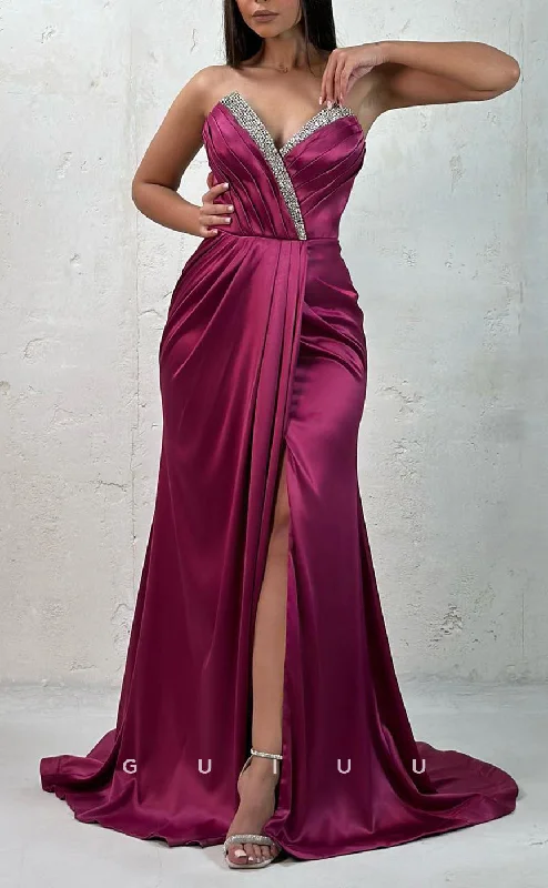 G3071 - Chic & Modern Sweetheart Beaded Pleats Long Formal Prom Dress With Slit