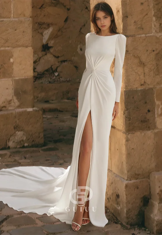 Sheath Round Neck Long Sleeves Pleated Long Wedding Dress with High Side Slit and Train