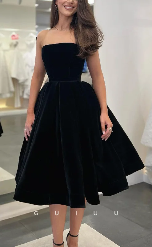 GH745 - Simple Classic A Line Black Velvet Strapless Long Party Homecoming Dress