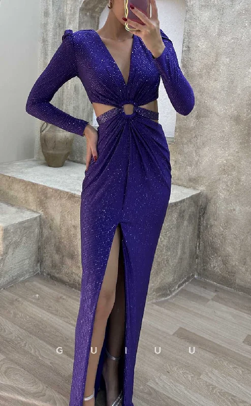 G4228 - Classic & Timeless Sheath V-Neck Cut-Outs Fully Beaded Formal Party Prom Dress with High Side Slit and Long Sleeves