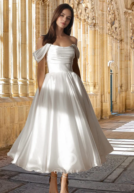 A-Line Off-Shoulder Strapless Pleated Beach Ankle-Length Satin Wedding Dress