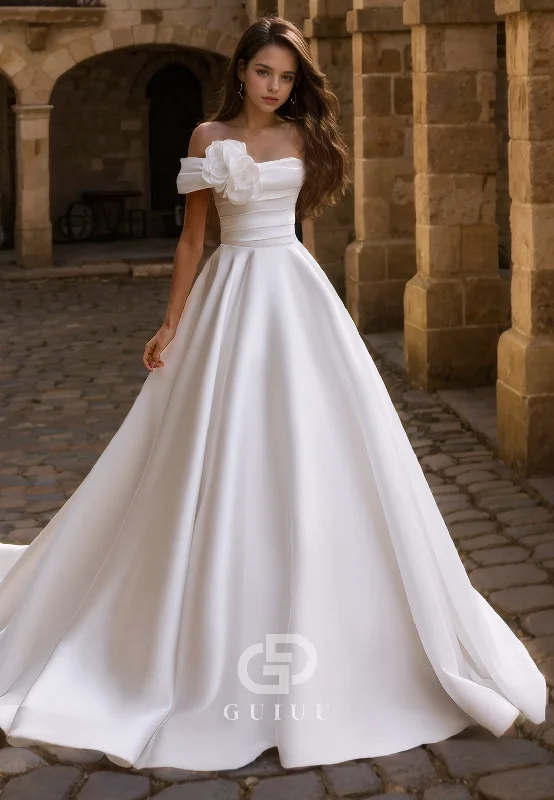 A-Line Off Shoulder Sleeveless Pleated Flower Satin Wedding Dress