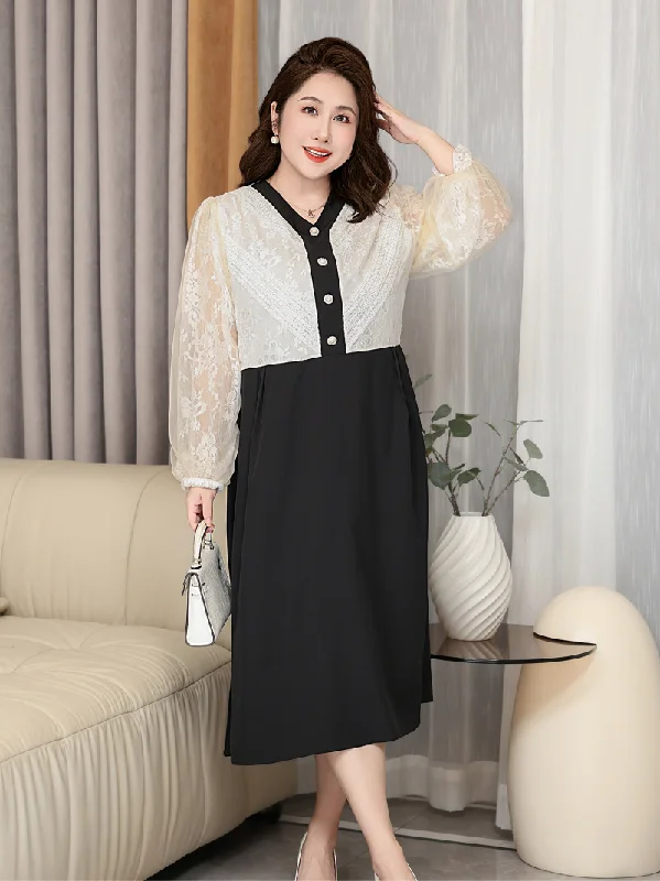 Plus Size Dressy Lace Colourblock Long Sleeve Dress (EXTAR BIG SIZE)