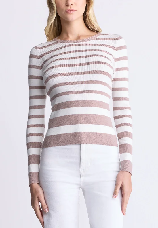 Scotlyn Women's Striped Long-Sleeve Sweater, White & Tan - SW0103H