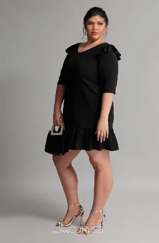 Drop Waist Ruffle Dress - Black