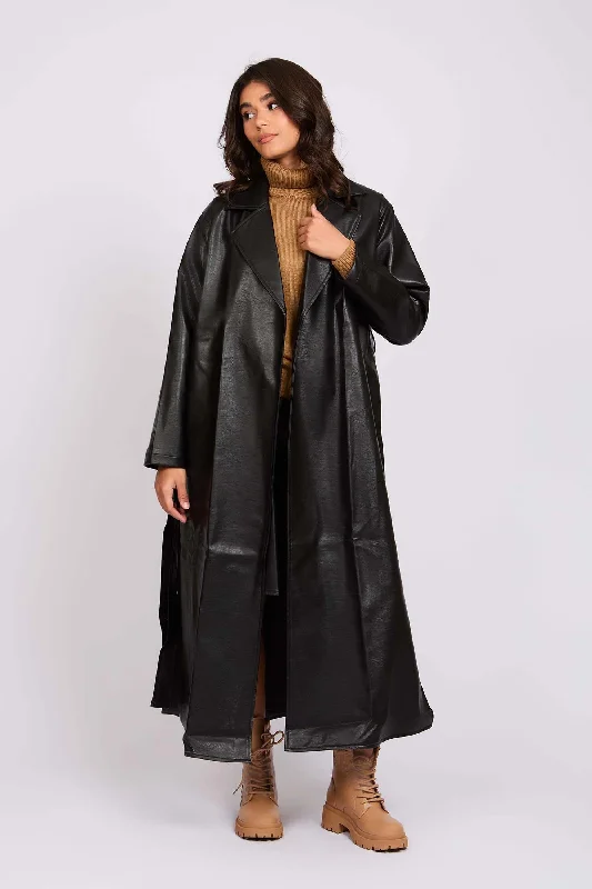 Women Leather Oversize Coat Black