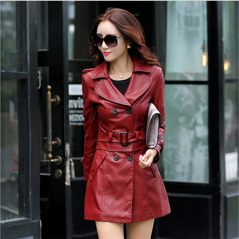 Spring Autumn Women Long Leather Jacket Slim Oversize Bow Belt Coats