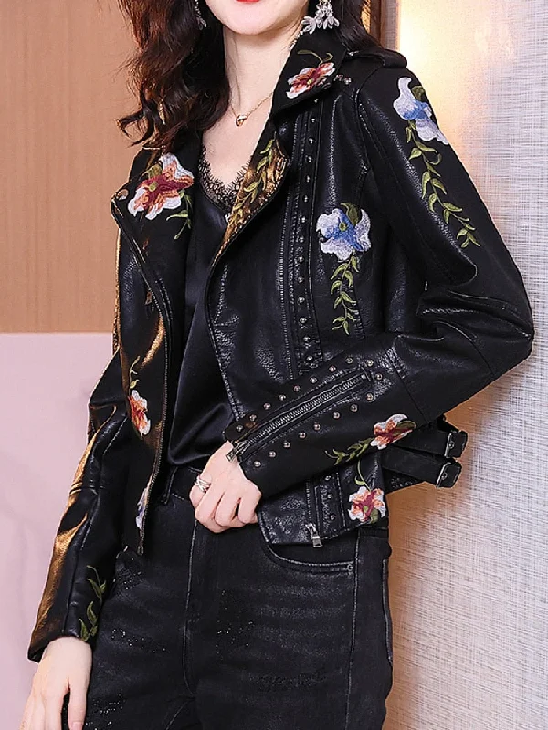 Women Biker Leather Jacket  Floral Print Embroidery Pu Leather Coats