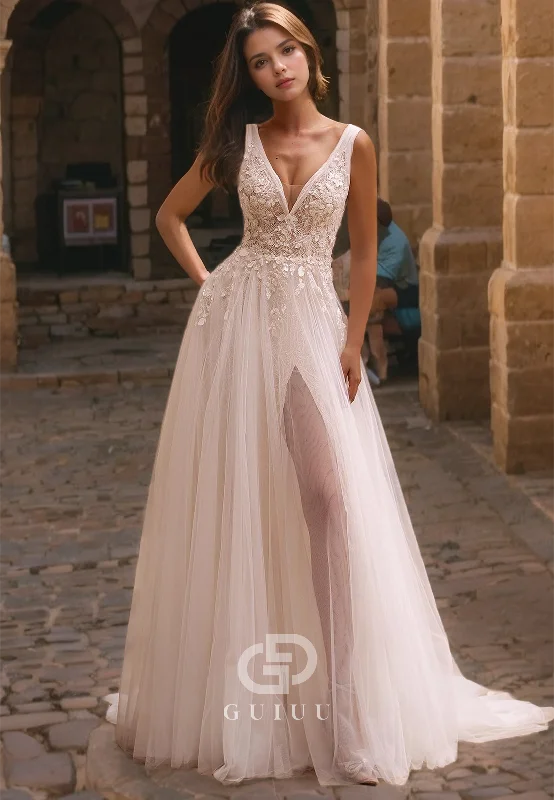 A-Line V Neck Straps Sleeveless Appliques Tulle Wedding Dress with High Side Slit and Train