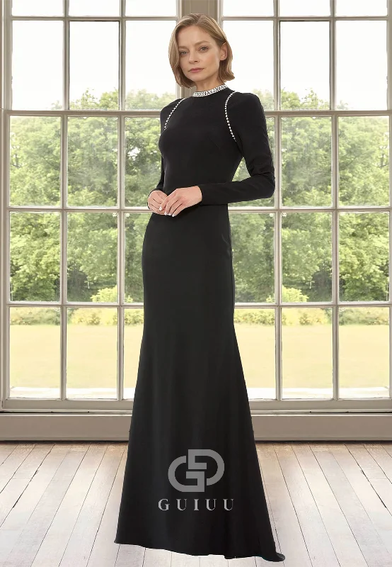 Black Scoop Long Sleeves Floor-Length Beads Satin Mother of the Bride Dress