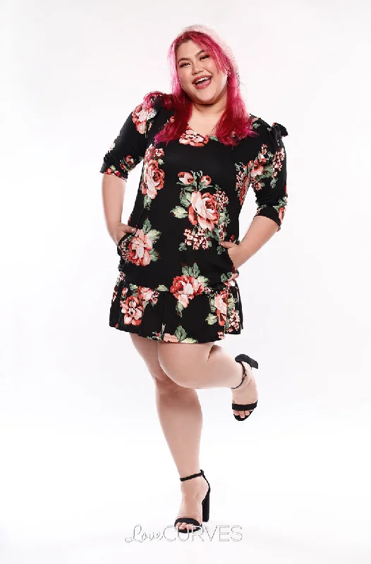 Drop Waist Ruffle Dress -Black Blossoms - KDR