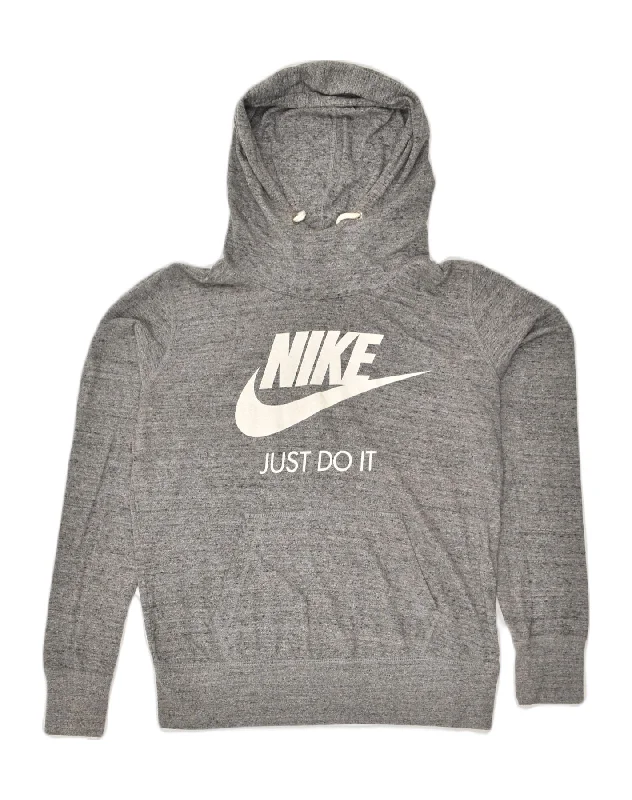 NIKE Womens Graphic Hoodie Jumper UK 14 Large Grey Flecked Cupro