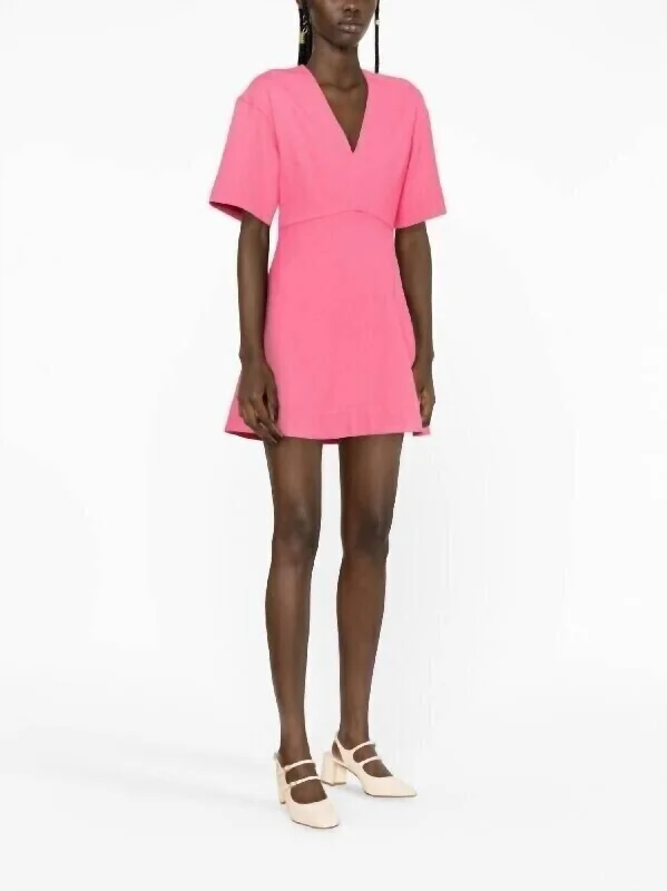 V-Neck Flared Stretch Viscose A-Line Mini Dress In Pink