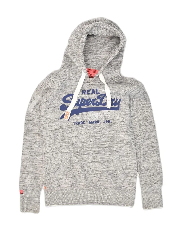 SUPERDRY Womens Graphic Hoodie Jumper UK 10 Small Grey Flecked Cotton