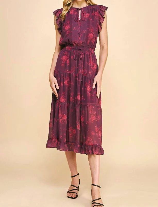 Floral Knee Length Dress In Wine Multi