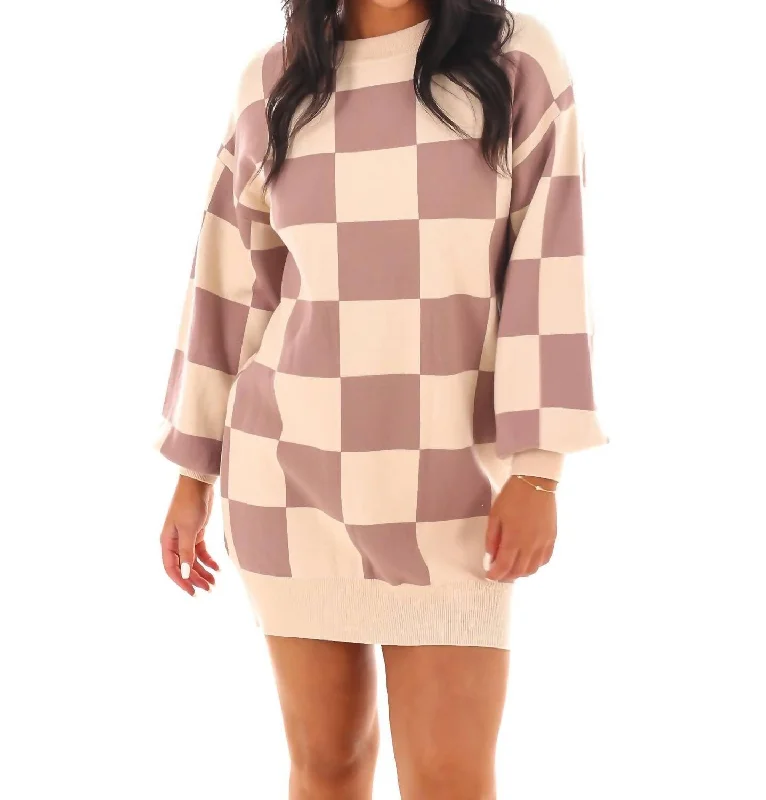 Easy Checks Sweater Mini Dress In Oatmeal/mocha