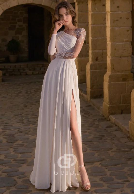 A-Line Scoop Neck Long Sleeves Beaded Appliques Pleated Wedding Dress