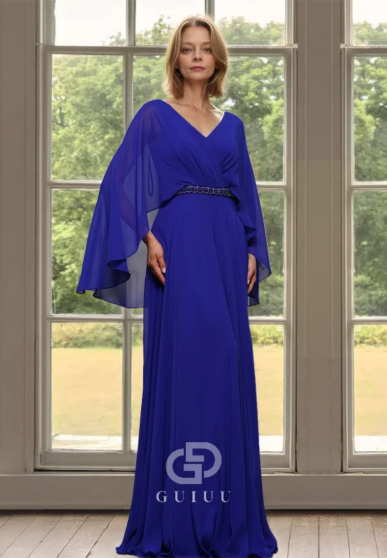 Simple A-Line Cap Sleeves V-Neck Empire-Waist Floor-Length Chiffon Mother of the Bride Dress