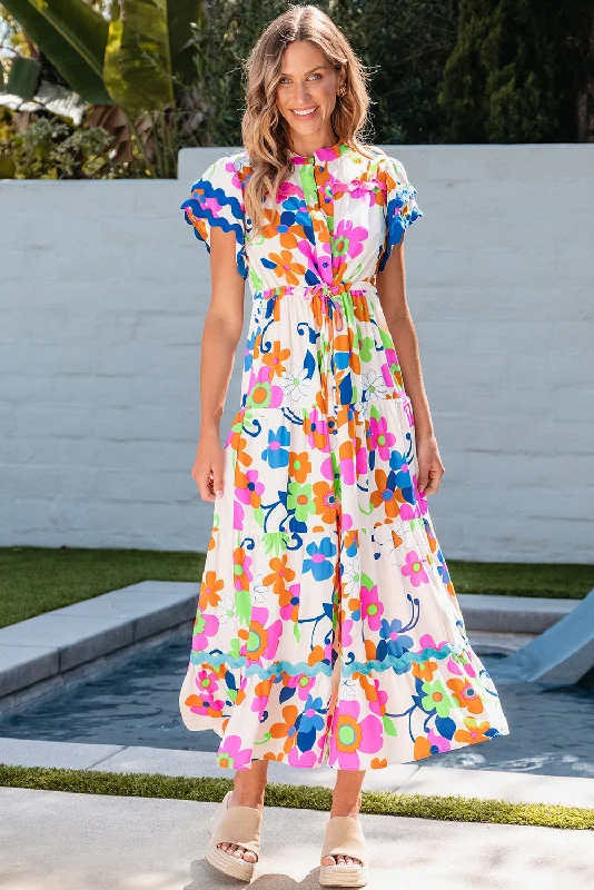 Now or Never Pink Ricrac Trim Flutter Sleeve Buttoned Floral Maxi Dress