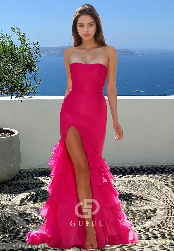 Fuchsia Strapless Sleeveless Prom Dress with Slit Ruffles Evening Party Dress