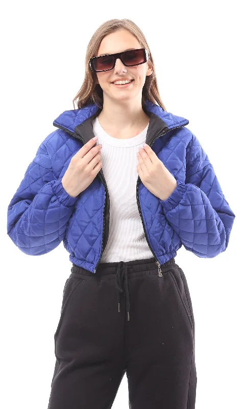 O170755 Long Sleeves Blue Quilted Cropped Jacket