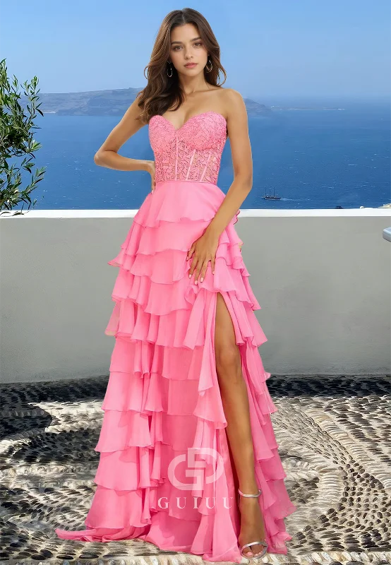 Pink Strapless Sleeveless Prom Dress with Ruffles Slit Corset Tulle Evening Party Dress