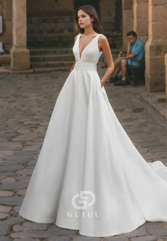 A-Line V Neck Straps Sleeveless Pleated Long Wedding Dress with Train