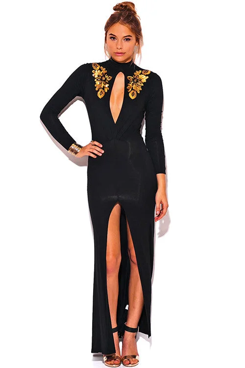 GOLD SEQUIN APPLIQUE CUT OUT SLIT LONG SLEEVE FORMAL EVENING DRESS