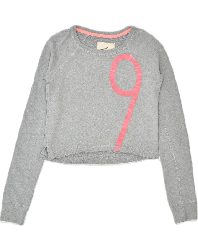 HOLLISTER Womens Crop Graphic Sweatshirt Jumper UK 4 XS Grey Cotton