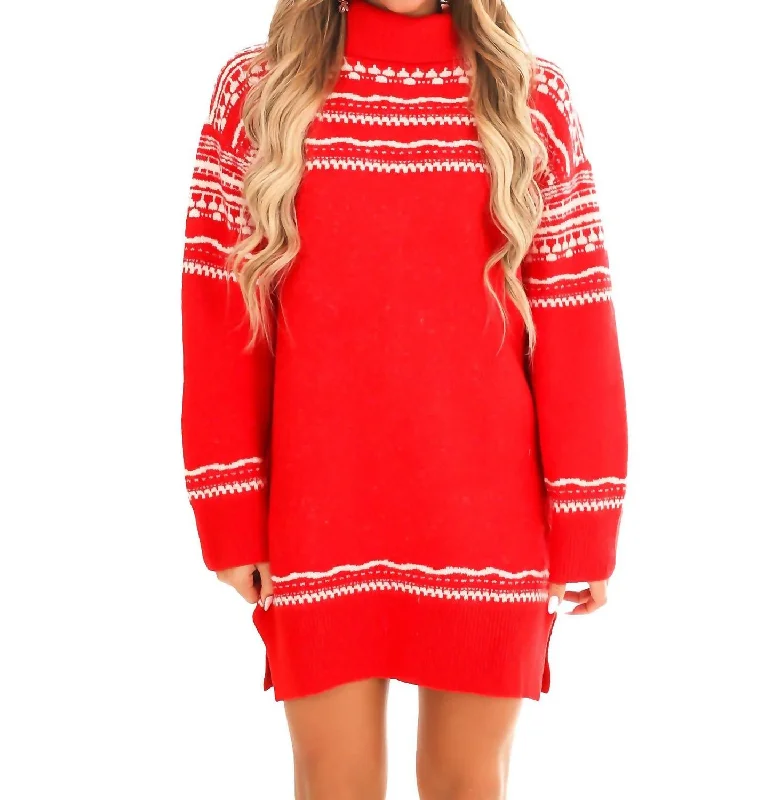 Fair Isle Turtleneck Sweater Dress In Red