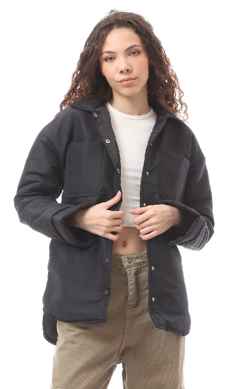 O170781 Black Polyester Buttoned Winter Jacket