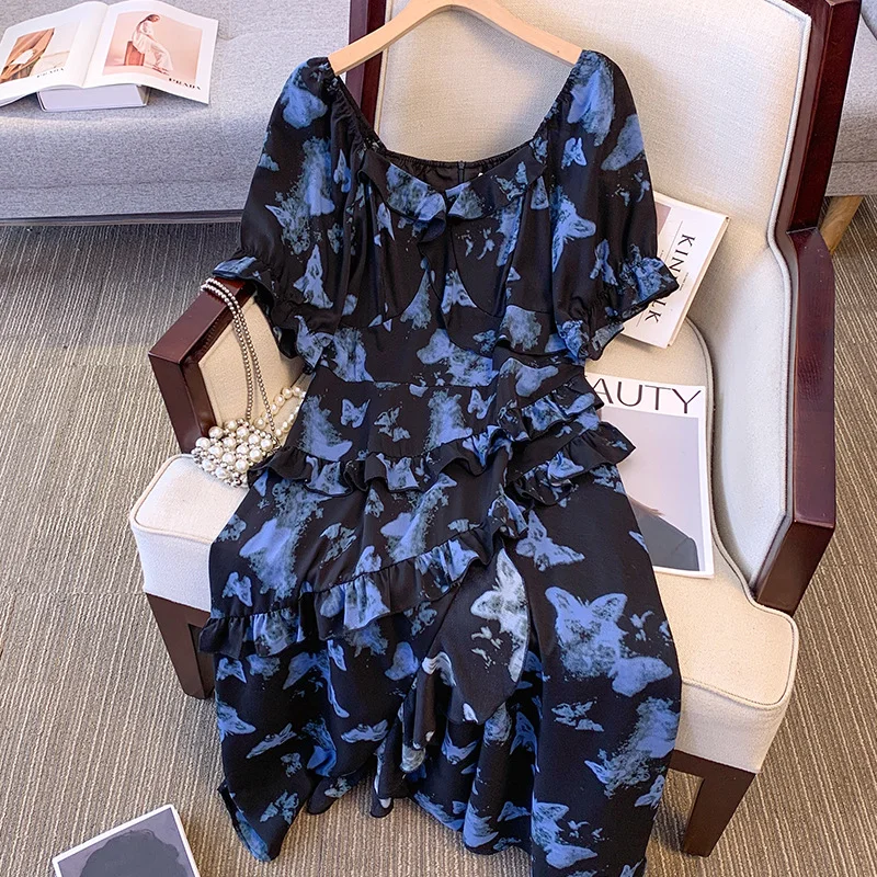 (2XL-6XL) Plus Size Dark Blue Butterfly Midi Dress (EXTRA BIG SIZE)