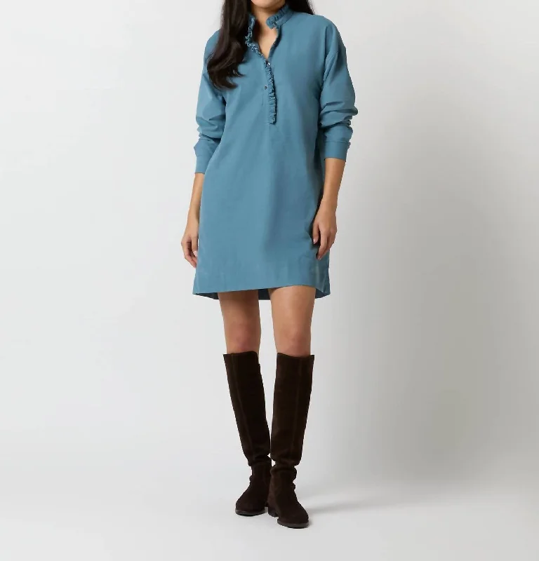 Nicky Popover Shirtdress In Steel Blue Stretch Cord