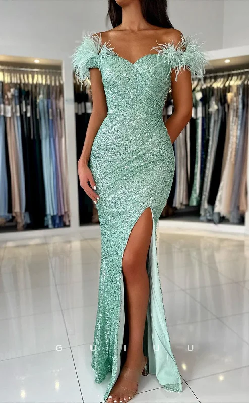 G2544 - Classic Sheath Sequins Off-Shoulder Feather Long Prom Evening Dresses