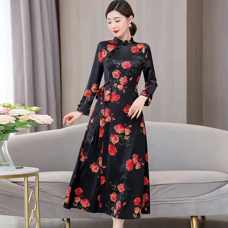 Plus Size Black Long Sleeve Qipao Cheongsam Dress