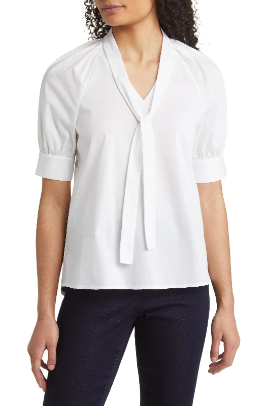 Anne Klein Cotton Blend Bow Blouse in Bright White