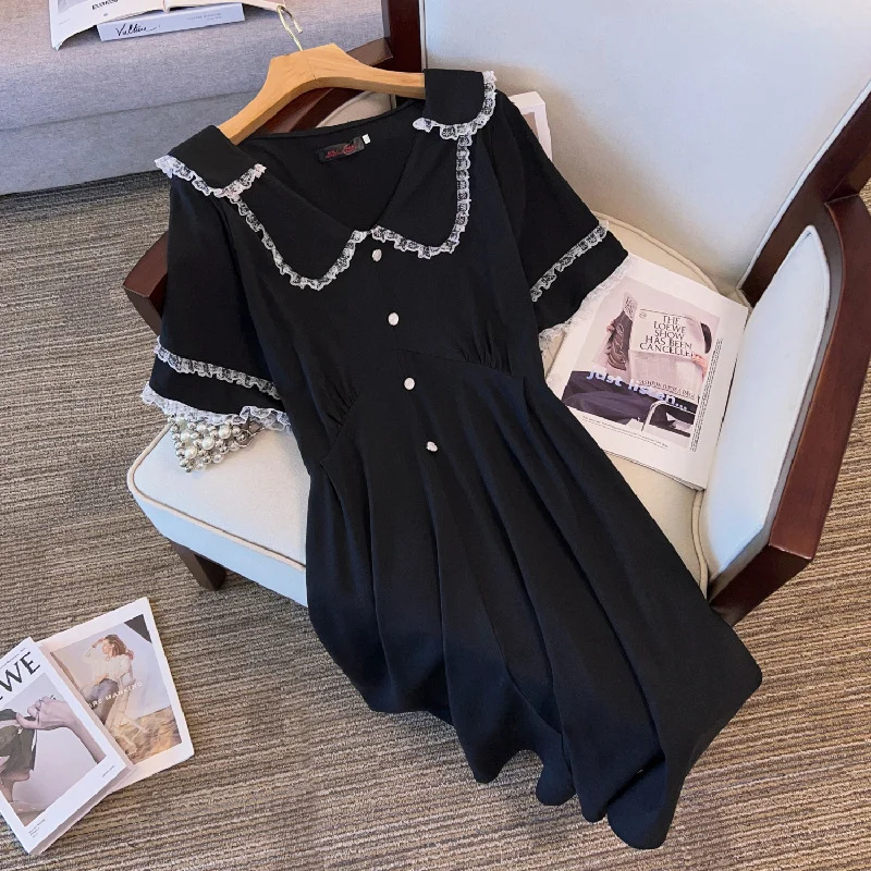 Plus Size Lolita Lace Trim Collar Black Shirt Dress