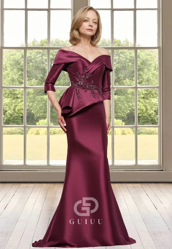 Chic Off-Shoulder Half Sleeves Empire-Waist Appliques Satin Mother of the Bride Dress