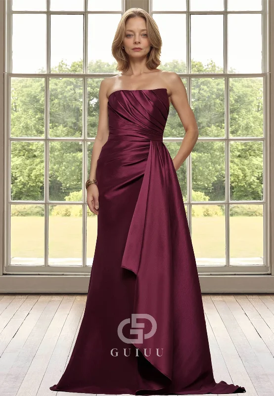 Chic A-Line Strapless Sleeveless Sweep Train Ruched Empire-Waist Mother of the Bride Dress