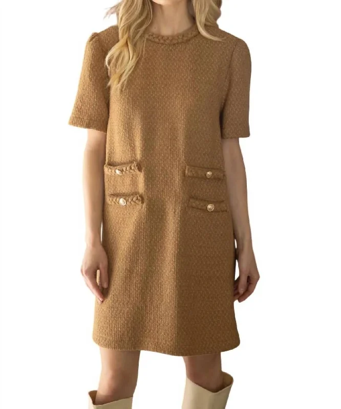 Double Pocket Tweed Shift Dress In Latte