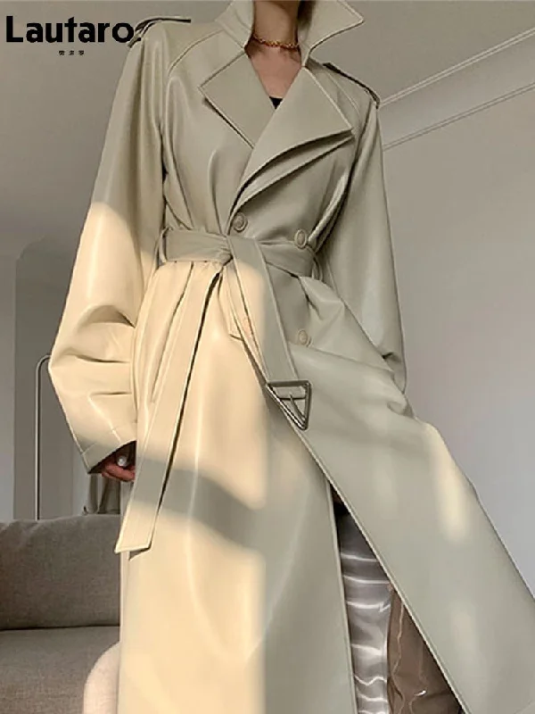 Spring Autumn Long Faux Leather Trench Coat for Women Belt Double