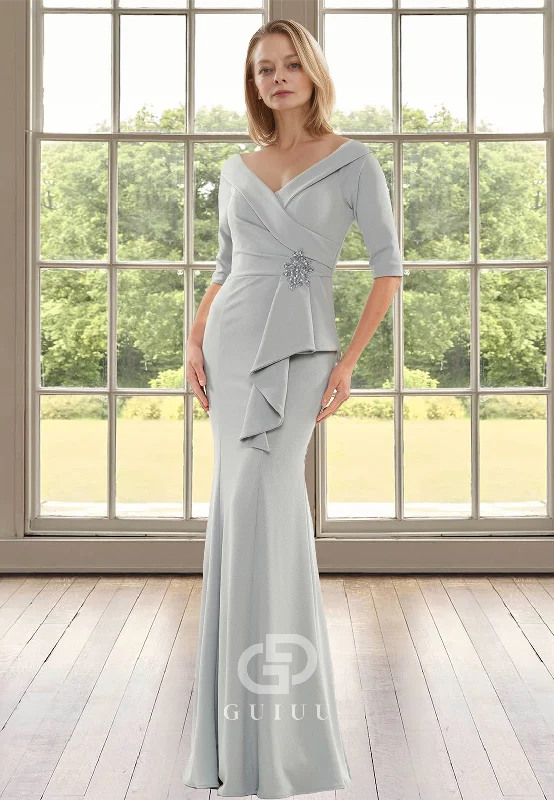 A-Line Half Sleeves V-Neck Ruched Floor-Length Satin Mother of the Bride Dress